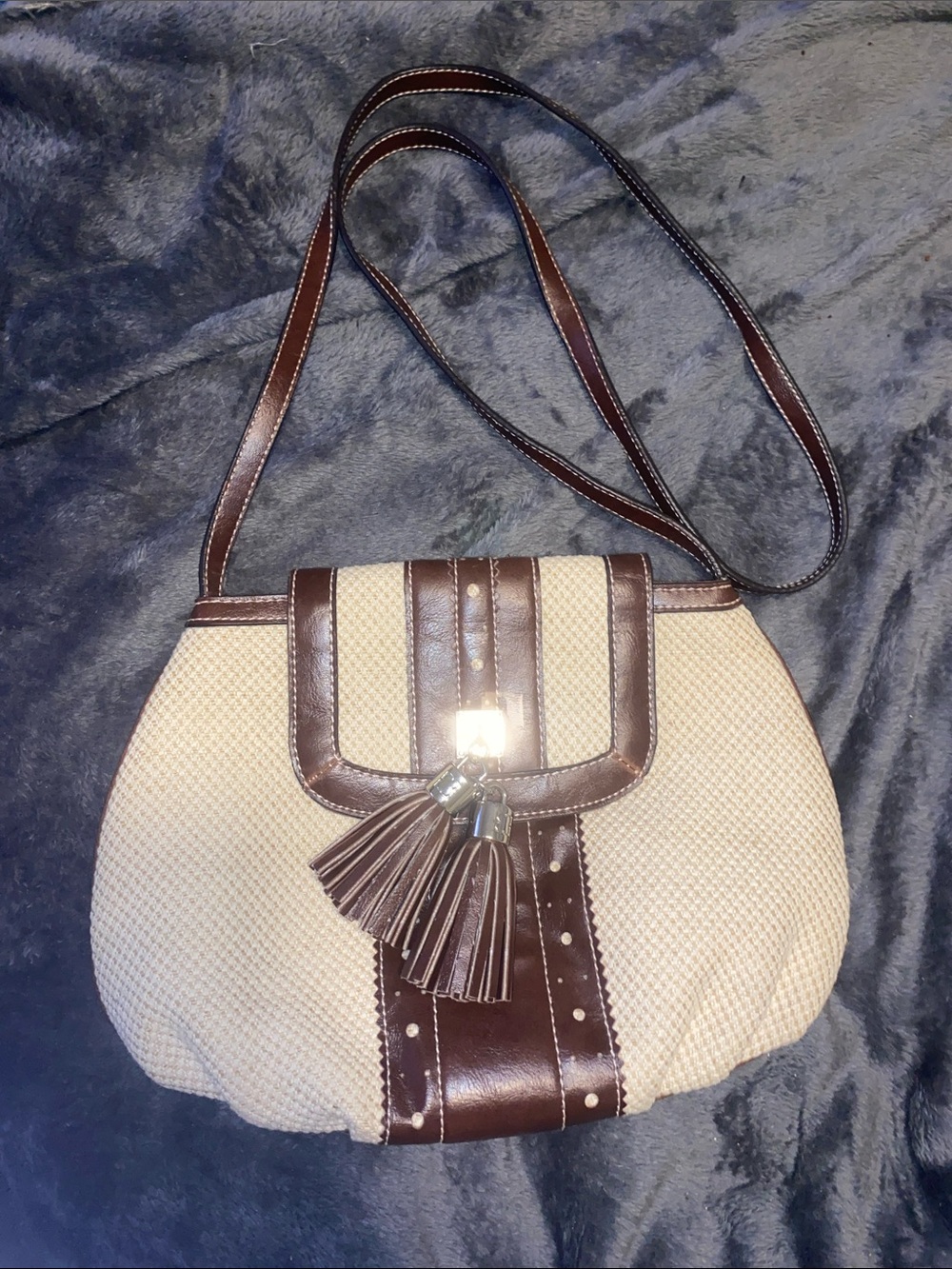 Liz Claiborne Cream and Brown Tassel Shoulder Bag